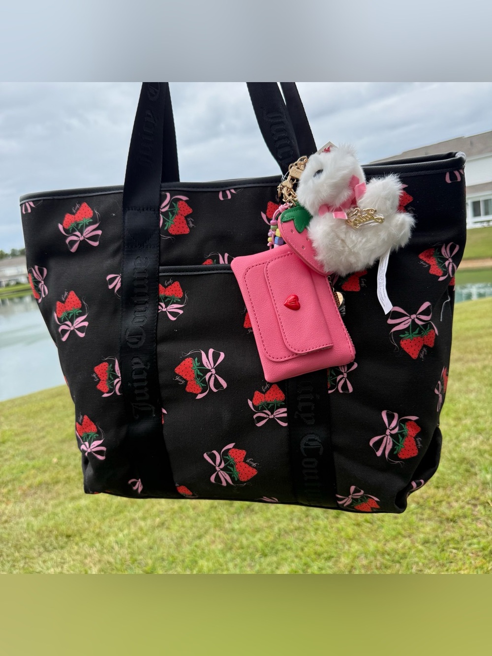 Juicy Couture Black Strawberry Print Tote with Pink Charm Pouch